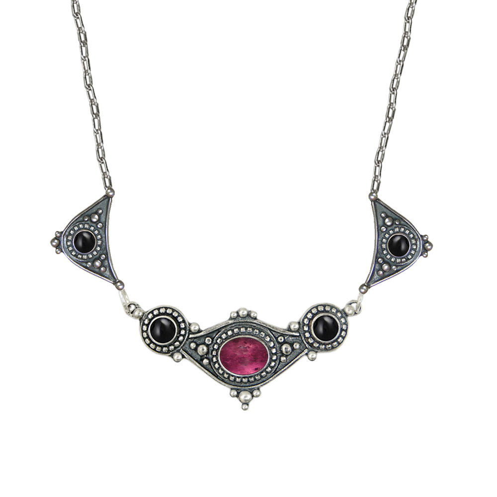 Sterling Silver Romantic Necklace With Pink Tourmaline And Black Onyx